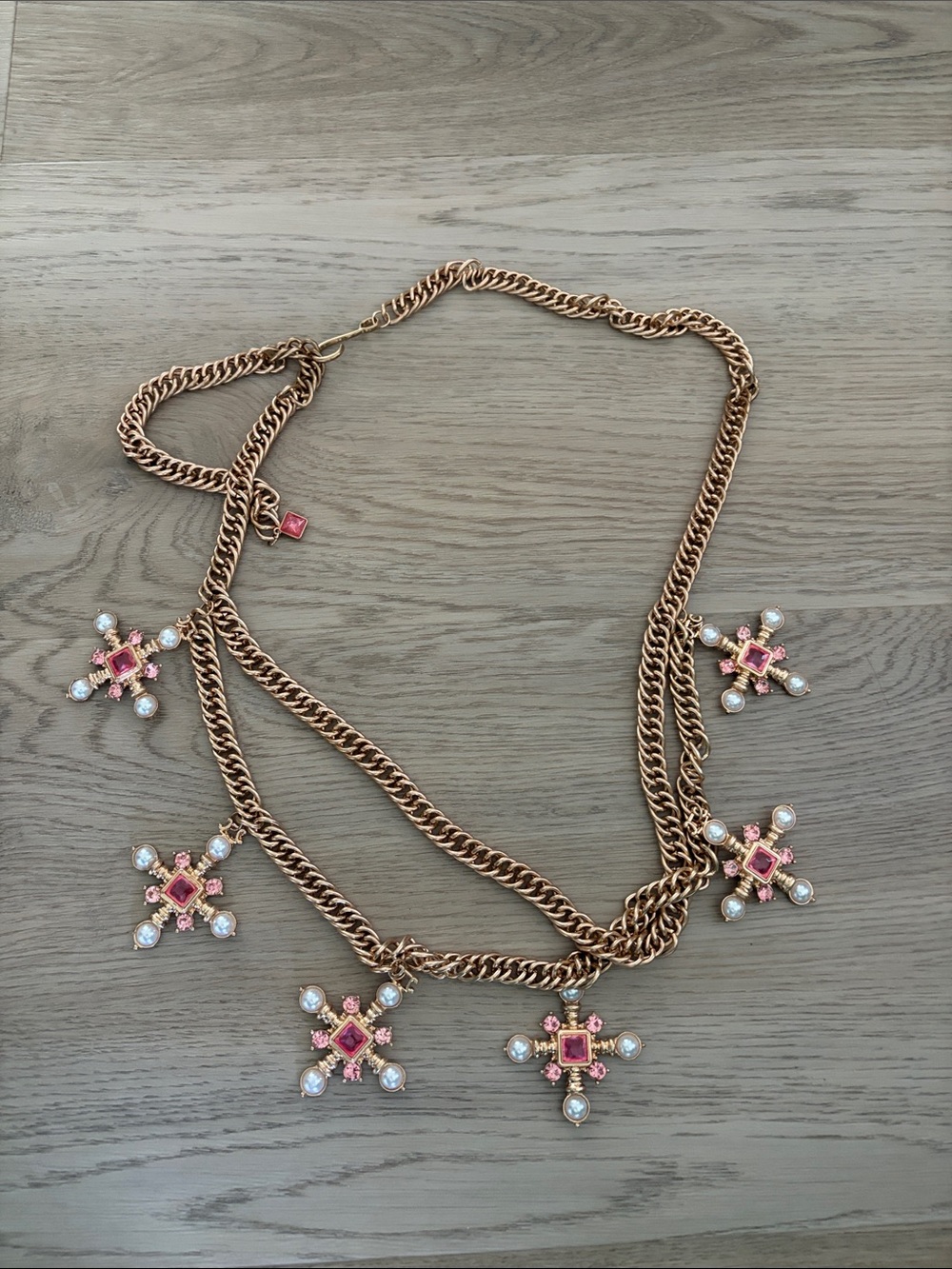 Gold-Tone belt with Pink and Pearl Pendants